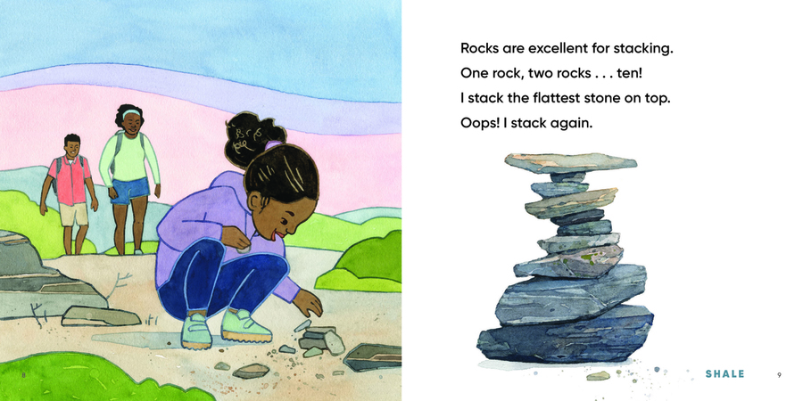 Two-page spread from a children’s picture book. The left page is a watercolor painting of a Black family hiking. The right page shows a stack of shale rocks with text reading “Rocks are excellent for stacking. One rock, two rocks…ten! I stack the flattest stone on top. Oops! I stack again."