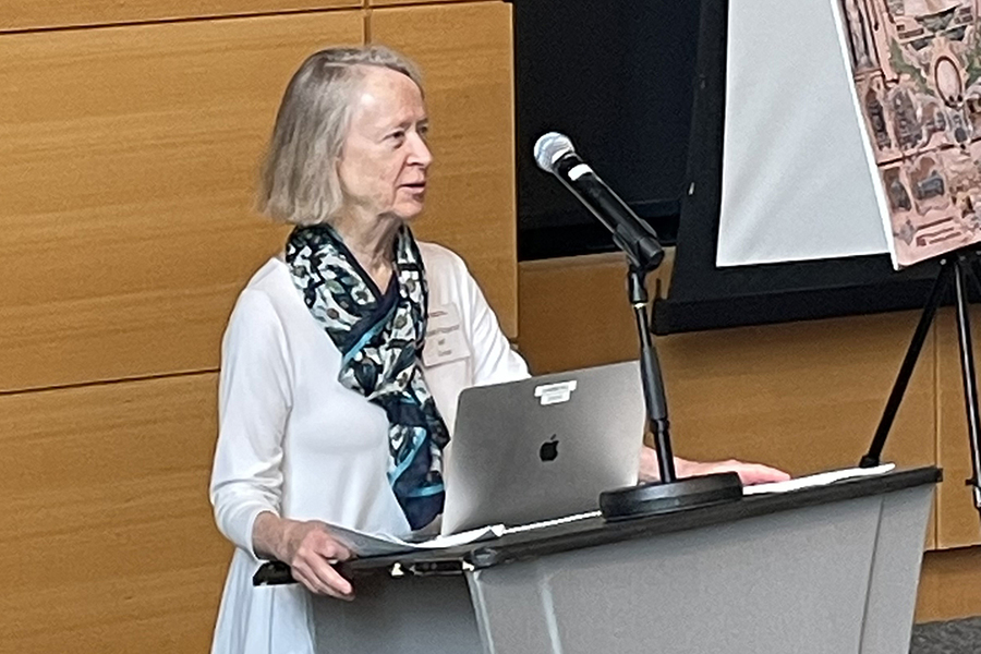 Deborah Fitzgerald stands at a lectern with an open laptop and some papers in front of her
