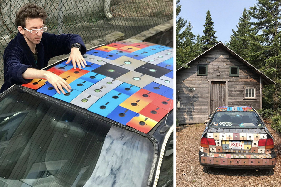 Two photos show: Sam Klein arranging colorful floppy disks on top of his car; the car is covered in floppy disks and has the license plate, 
