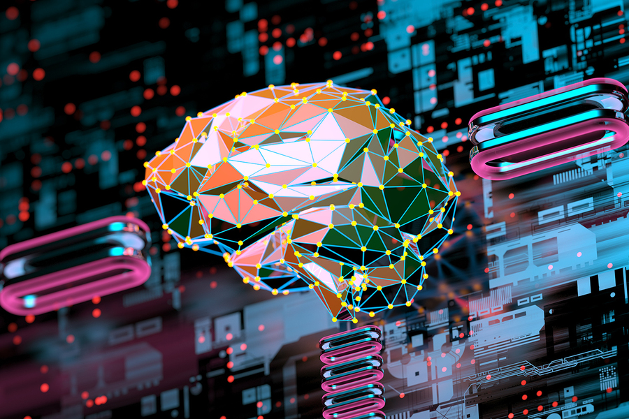 Conceptual graphic of a human brain made from computer nodes, with abstract patterns resembling computer parts in the background