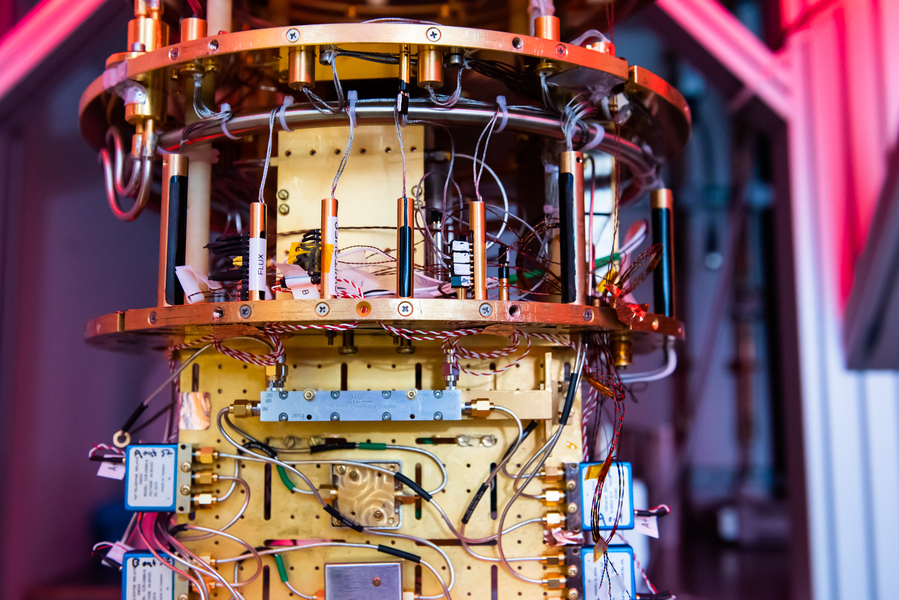 The colorful assemblage of cables and circuits that make up a quantum computer are shown in close detail. 