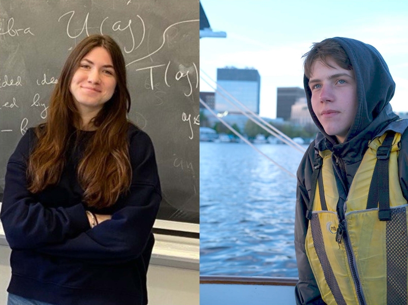 At left, Sophia Breslavets stands before a chalkboard; at right, Nazar Korniichuk stands on a boat