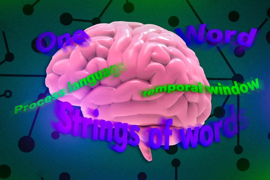 Una representación gráfica de un cerebro en tonos rosados en el centro, con palabras flotando alrededor de él. Estas palabras, en colores brillantes como verde, púrpura y azul, incluyen términos relacionados con el procesamiento del lenguaje, como "One Word", "Strings of words", "Process language" y "temporal window". El fondo tiene un patrón de círculos y líneas que evocan una red neuronal, resaltando el contexto de procesamiento cerebral del lenguaje y la conexión entre las diferentes áreas del cerebro.