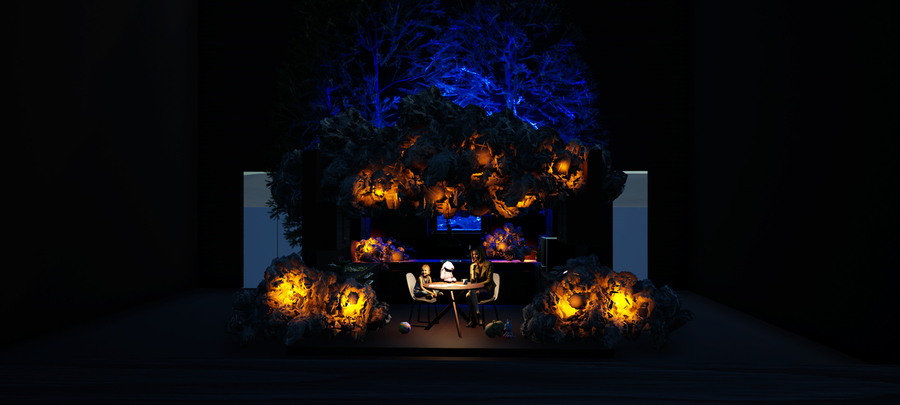 Rendering of a set design, with a woman and little girl at a round table with a bunny plush toy. Contrasted lighting with dark background and yellow lights shows trees and rocks around the scene.
