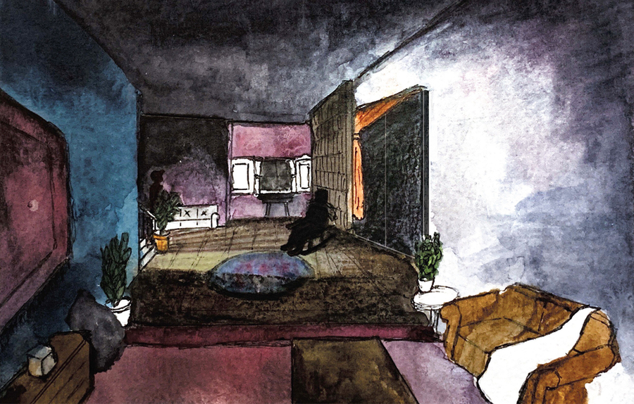 Watercolor of a set design, in shades of purples. Depicting the interior of a home with an indistinct silhouette of a person on a rocking chair, in the middle of sitting room featuring plants and couches.