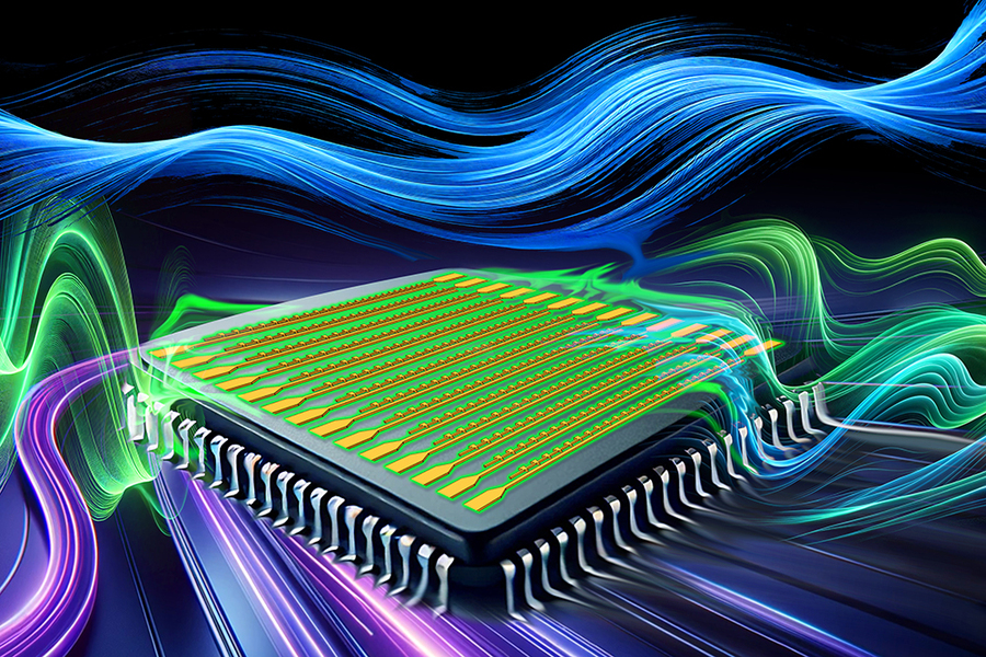 Illustration of a computer chip, with waves of different colors and frequencies appearing above, below, and across it