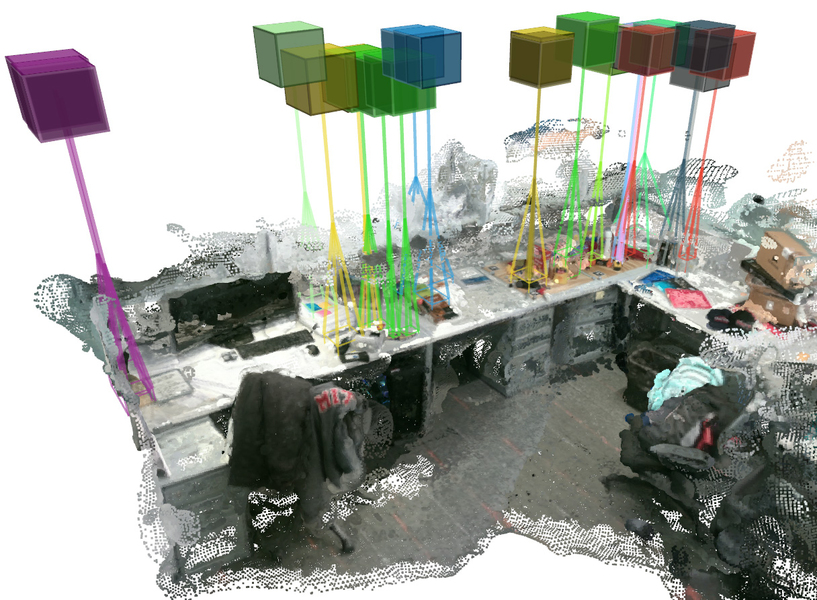 A 3D plot rendering of a big messy cubicle has colorful boxes added that show where interesting things are in the office.