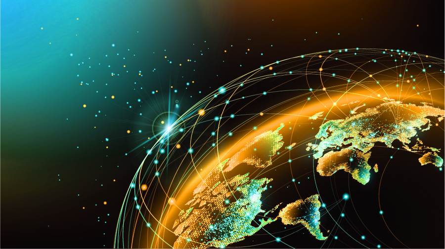 Illustration of a globe encircled by intersecting lines and floating dots