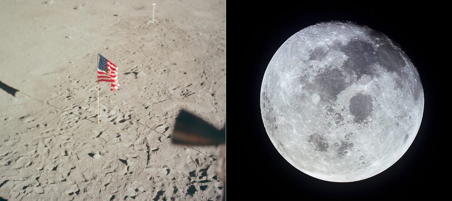 Side-by-side photographs of a U.S. flag planted on the moon's surface, and a full moon from 10,000 nautical miles away.