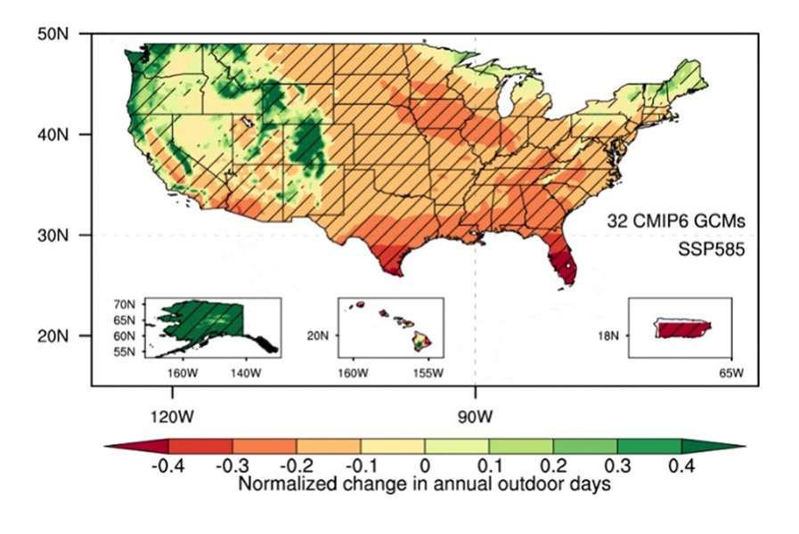 U.S. map shows change in normalized outdoor days. Red areas, or fewer days, include the Southeast such as South Texas, Florida, and Puerto Rico. Green areas, or more days, include Northwest coast and inland.