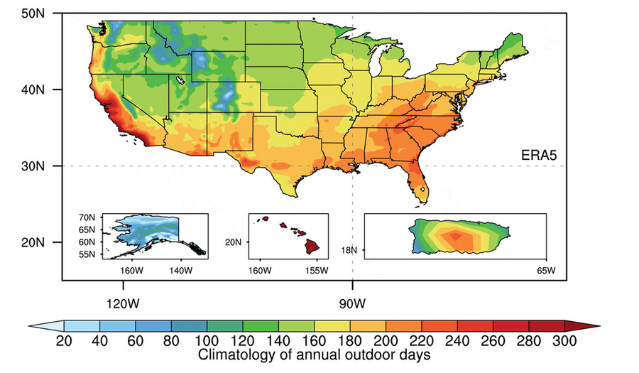 Maps shows parts of Alaska and Wyoming are colored light blue and have under 40 annual outdoor days. Hawaii and the coast of Southern California is dark red, meaning they have 300 annual outdoor days.