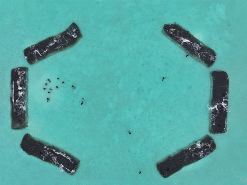 Rectangular underwater structures in the ocean form two semicircles, like parentheses