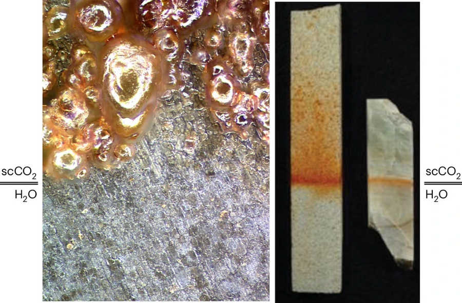 An image with Accelerated carbonate formation rates in water-saturated LCO2 on the left and water alone on the right