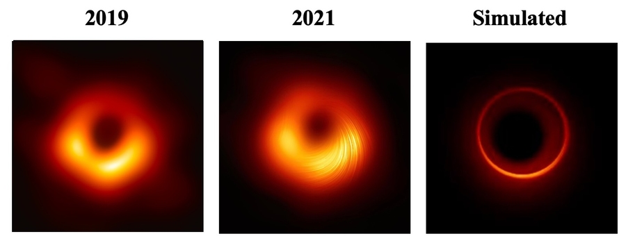 Three rings of light against a black background. The first is large and diffuse, the second is large and diffuse with precise striations in the light, and the third is thin and precise.