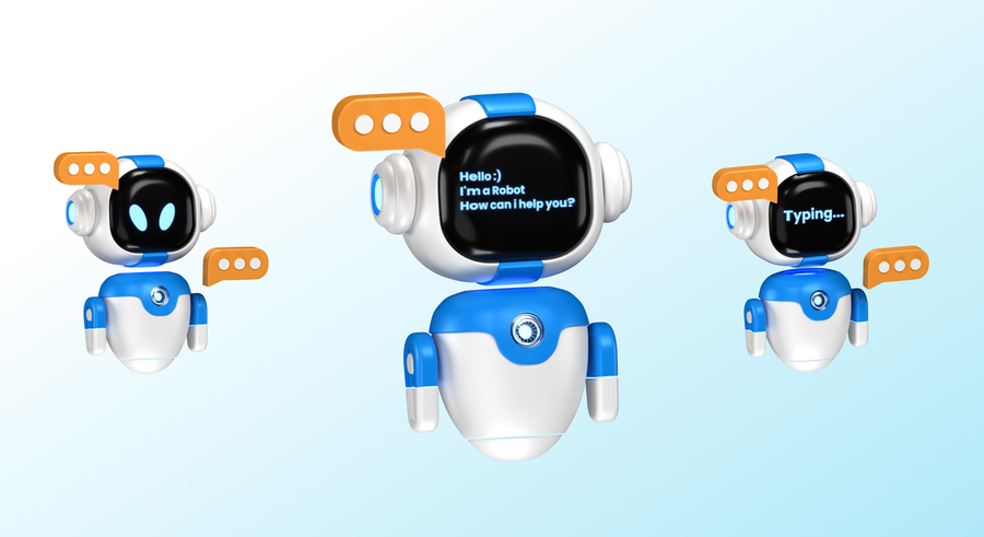Three cartoon robots, each with a speech bubble. The larger central one displays “Hello, I'm a robot. How can I help you.” The one on the right says “Typing."