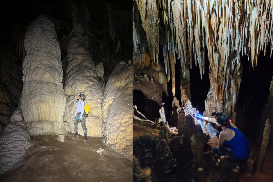 Side-by-side photos of MIT students collecting samples in a cave in Mexico.