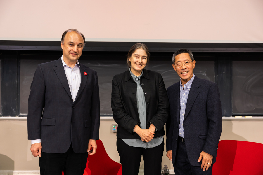 Vladimir Bulović, Clare Grey, and Yet-Ming Chiang pose together in front of a blackboard