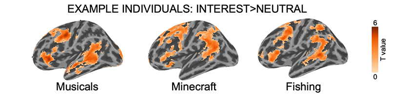 Three MRI brain scans showing activation differences in response to musicals, Minecraft, and fishing