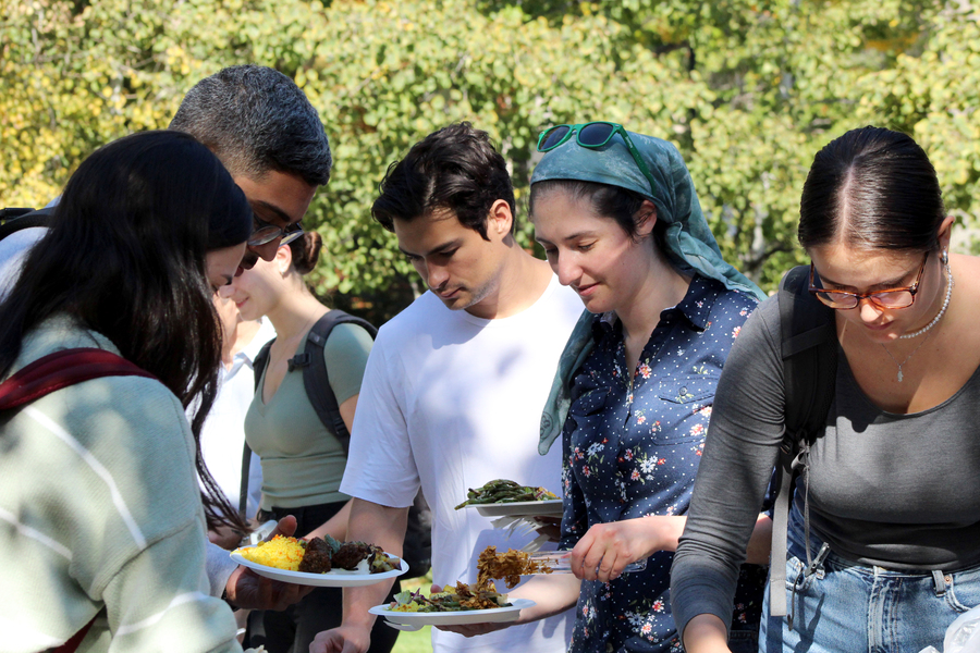 Group of people outdoors on a sunny day, getting food on plates