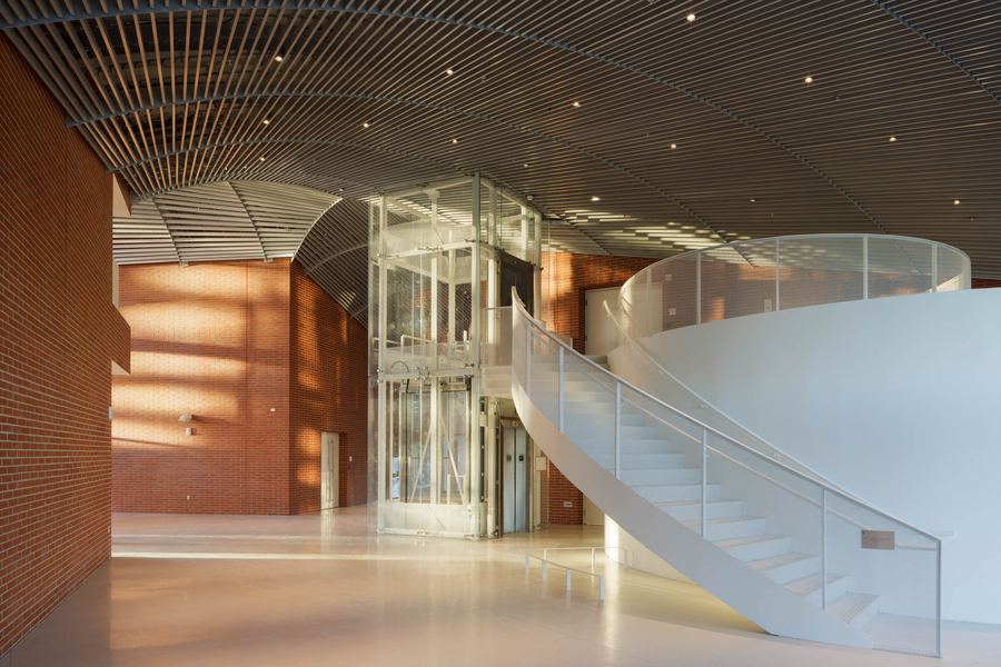 Lobby of the Linde Music Building with view of curving stairs