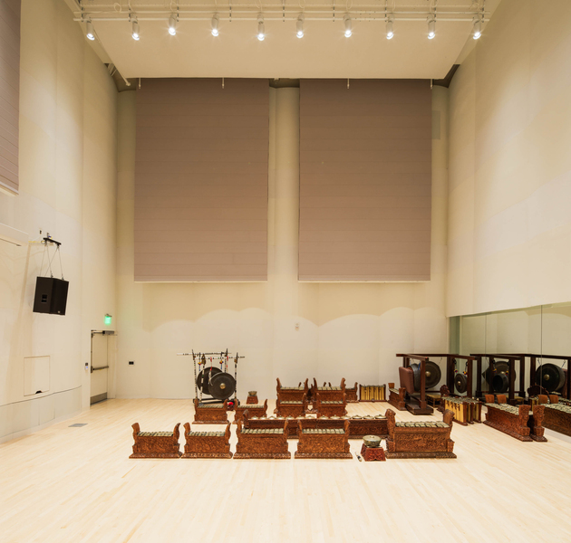 The two-story-tall Music and Culture space is large and filled with gongs, xylophones, and other instruments