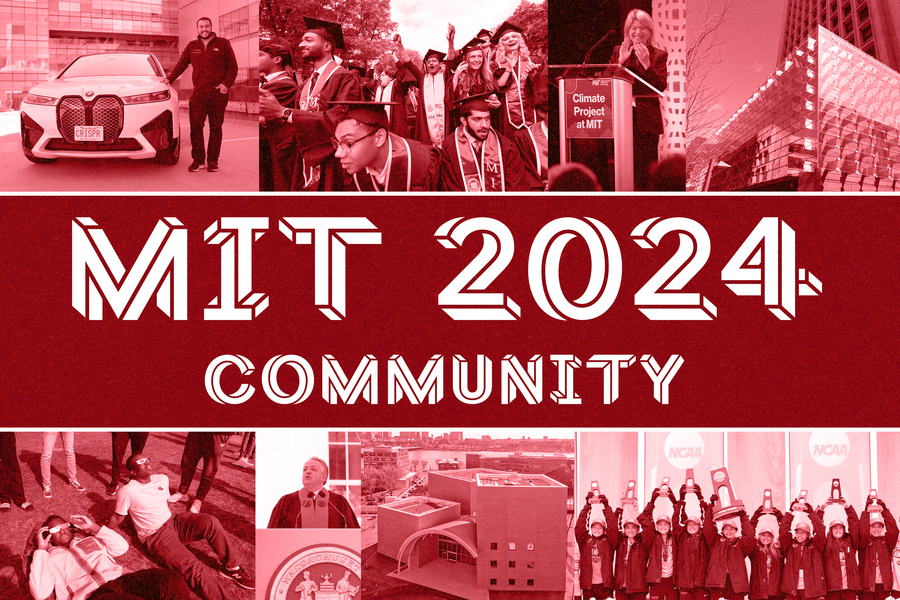 Text says “MIT 2024: Community” with photos of campus, students, and MIT community with maroon overlay