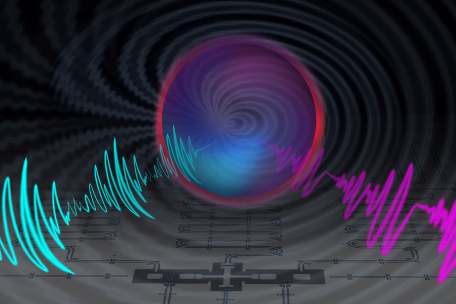 Artist’s impression of an experiment is a spiral with a circle enclosing its center, with two waveforms penetrating it, all suspended over a circuit diagram “floor"