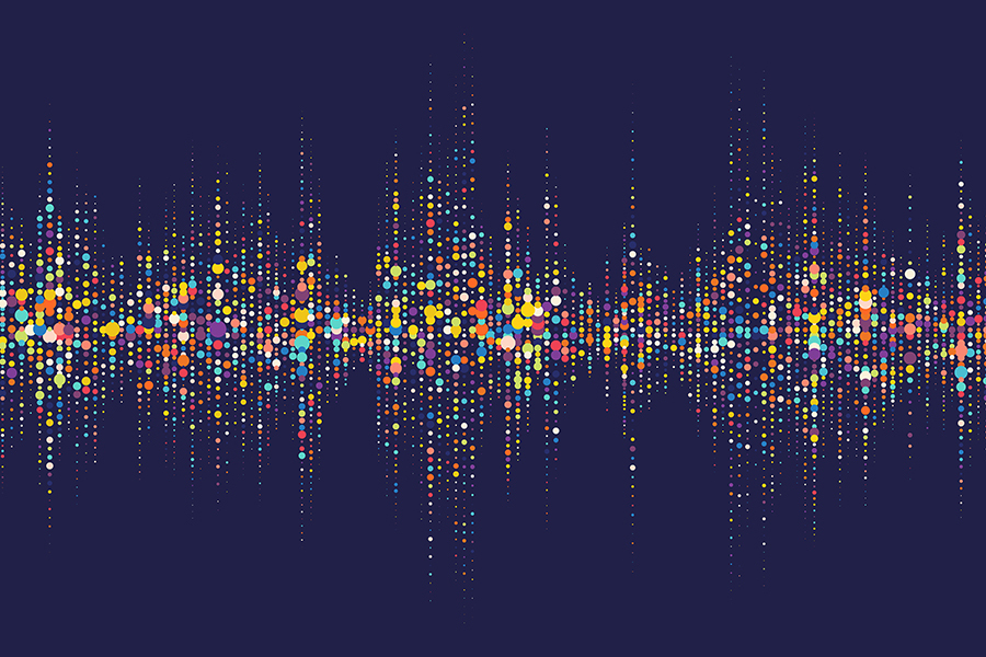 sound waves depicted as strings of colorful balls in adjacent columns