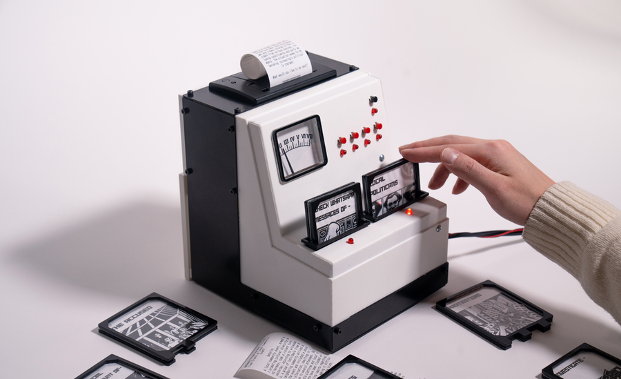 A hand interacts with a box-like game interface, inserting a cartridge while a paper scroll prints out news alerts. One inserted cartridge says "Check Whatsapp messages of" and another says "Local politicians." 