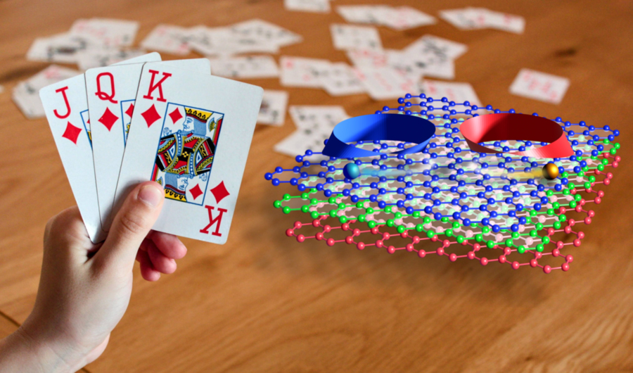 On left, a hand holding a spread of three cards; on right, a model of the new 2D material