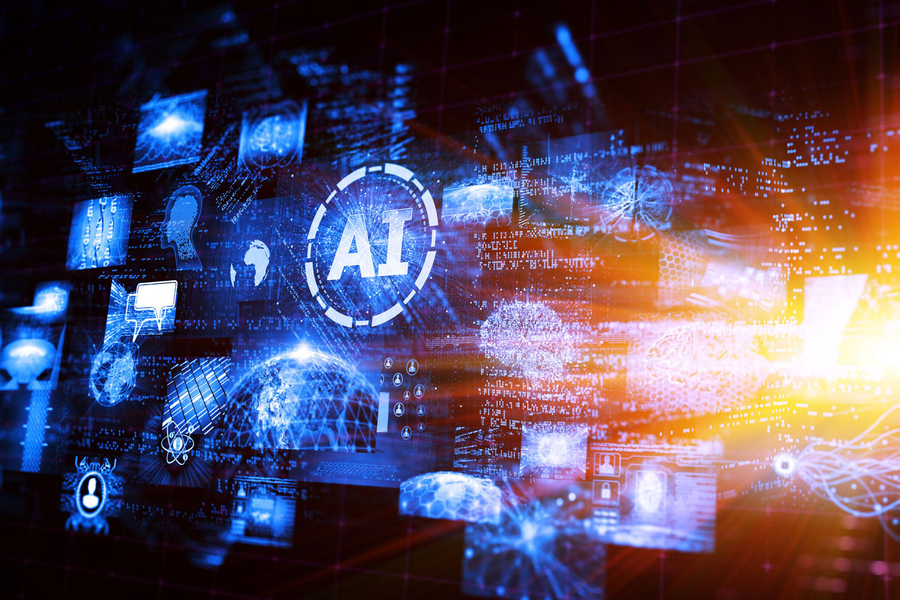 Bursts of blue computer screens and code with “AI” letters.
