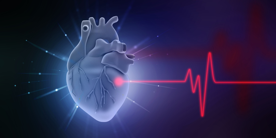 Image depicting a 3D rendering of a glowing human heart on the left with a red waveform (ECG) on the right.