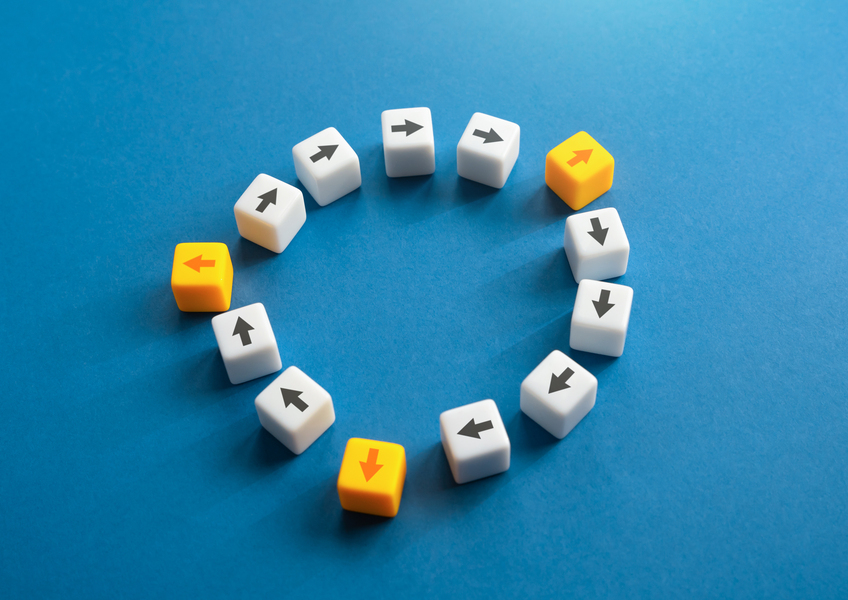 10 white blocks, each with a black arrow are arranged in a circle that's interrupted by three yellow blocks with orange arrows pointing outward