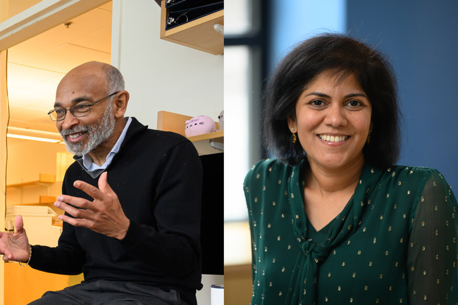 At left, Emery Brown sits in an office in conversation. At right, Hamsa Balakrishnan portrait photo.