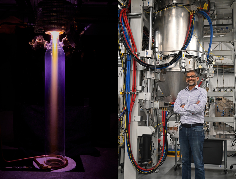 Two photos; on left is purple and yellow plasma light in a tube. On right is Saurabh Ullal standing next to large equipment.