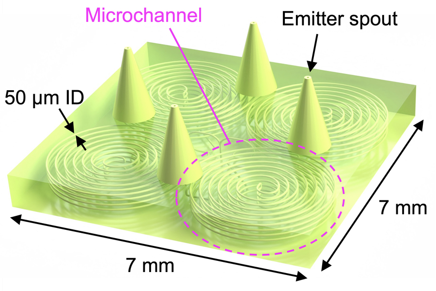 The device requires a complex hydraulic system to store and regulate the flow of liquid, efficiently shuttling propellant through microfluidic channels to a series of emitters. Credit: Courtesy of the researchers