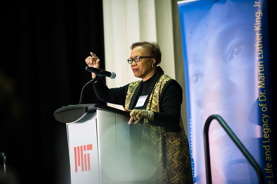 E. Denise Simmons speaking at podium