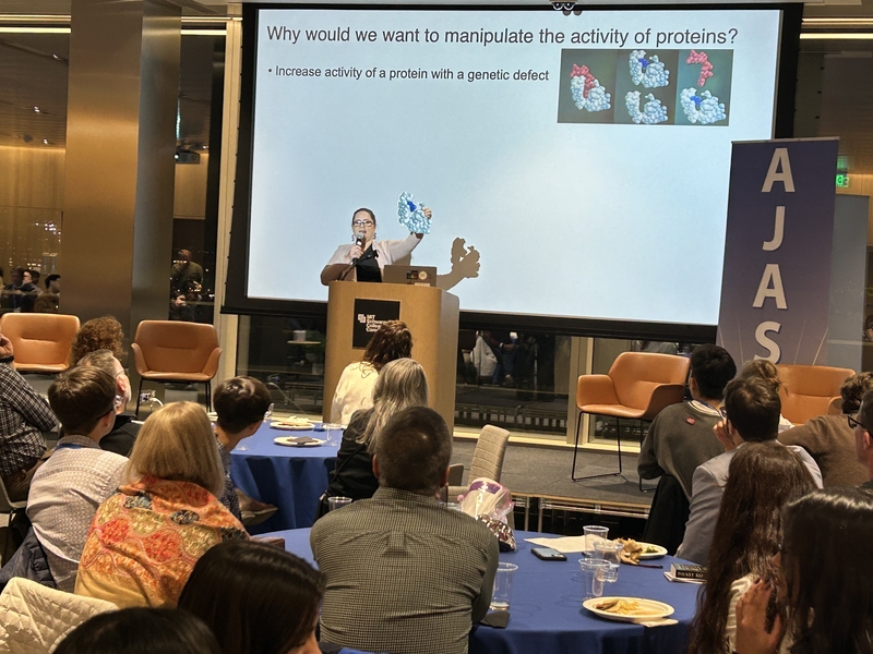 Catherine Drennan presents from a podium, holding up a model of a protein that's pictured on a screen behind her