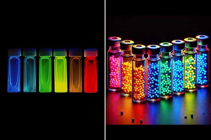 Left photo shows a side view of six backlit vials, each a different color. On the right, eight vials seen in perspective, filled with small spheres, also glowing brightly.