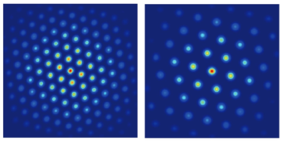 Side-by-side dark blue squares, each populated by a unique spherical pattern of glowing dots