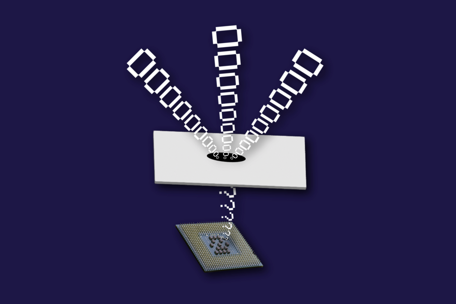 Illustration of code, represented by zeros, transforming into question marks after traveling through a white layer onto a computer chip