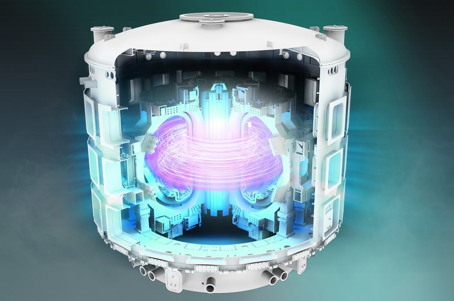 A detailed digital rendering of the ITER fusion device, showing a cutaway view of its interior. Glowing plasma swirls inside the tokamak chamber, confined by powerful magnetic fields within the reactor’s complex structural framework.
