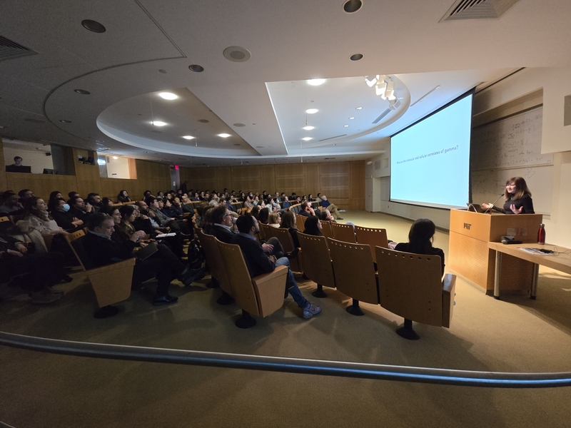 In a wide auditorium view, Li-Huei Tsai stands at a lectern before a full audience