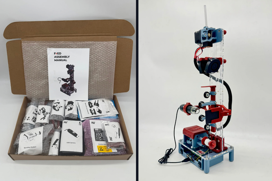 At left, a box with fiber-extrusion device parts. At right, photo of an assembled FrED device.