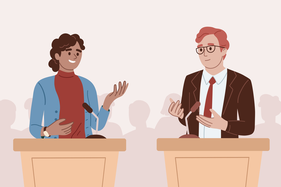 Two people at podiums debate