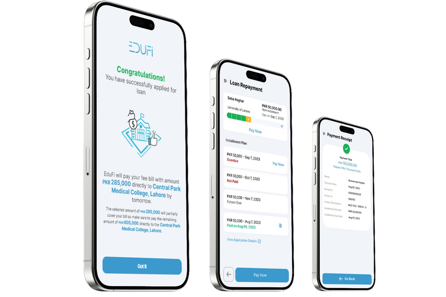 EduFi payment screens displayed on smart phones
