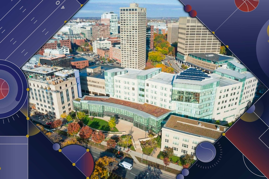 Aerial campus view with sports motif on sides