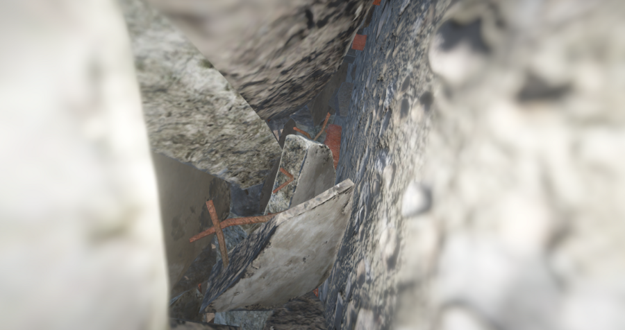 A predominantly grey image of concrete rubble that is a custom photorealistic simulation made by the SPROUT team