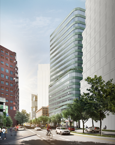 Artist rendering of 75 Broadway, full view along Broadway
