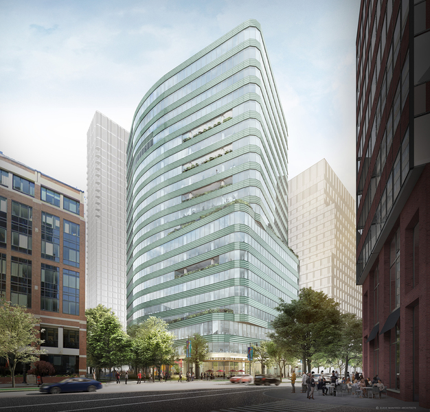 Artist rendering of 75 Broadway, daytime view from Ames Street